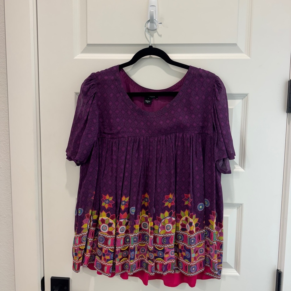 Vibrant Purple Women's Blouse with Geometric Patterns